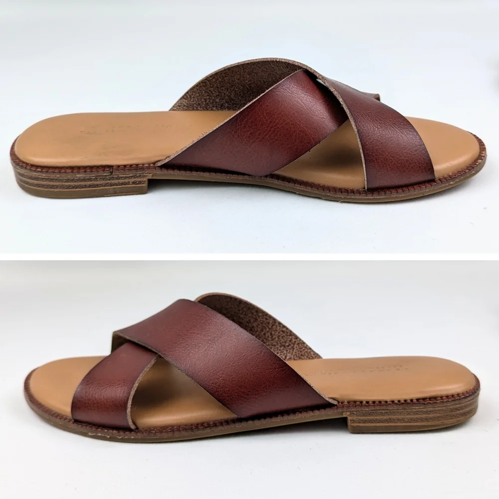Cynthia Rowley Libra Sandals Wide Strap Criss Cross Vegan Boho Rustic Cognac 6.5
